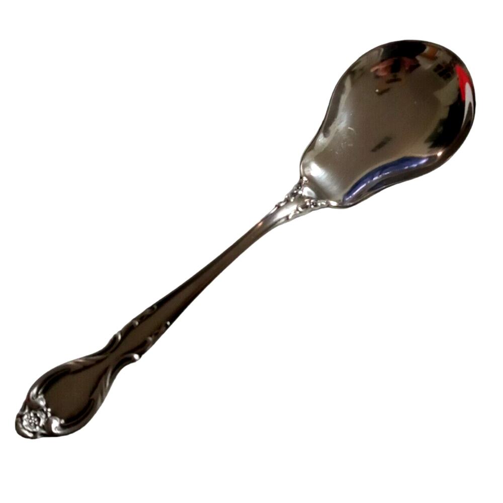 Vintage 70s Lyons Queen Fancy Sugar Spoon Stainless Steel 6" Satin Black Accent